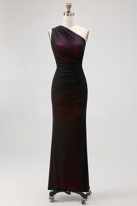 Black Pink Mermaid One Shoulder Long Bridesmaid Dress with Slit