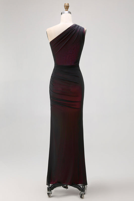 Black Pink Mermaid One Shoulder Long Bridesmaid Dress with Slit