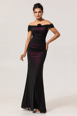 Black Pink Off the Shoulder Mermaid Long Bridesmaid Dress with 3D Flower