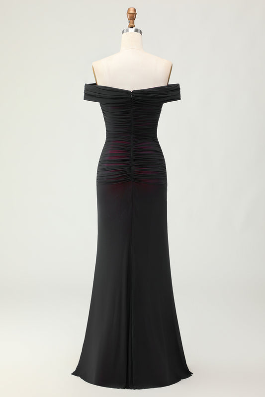 Black Pink Mermaid Off the Shoulder Long Bridesmaid Dress with 3D Flower