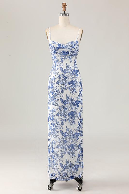 White and Blue Floral Ruched Sheath Long Wedding Guest Dress