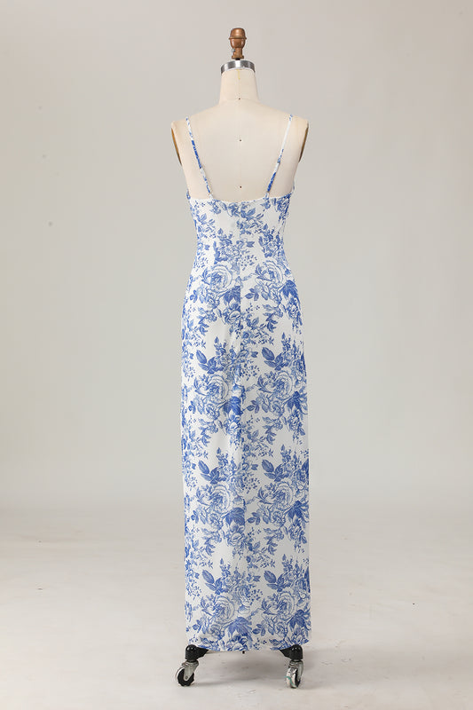 White and Blue Floral Ruched Sheath Long Wedding Guest Dress