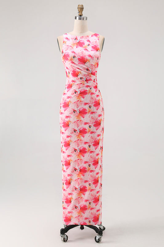 Pink Floral Boat Neck Chiffon Sheath Long Wedding Guest Dress