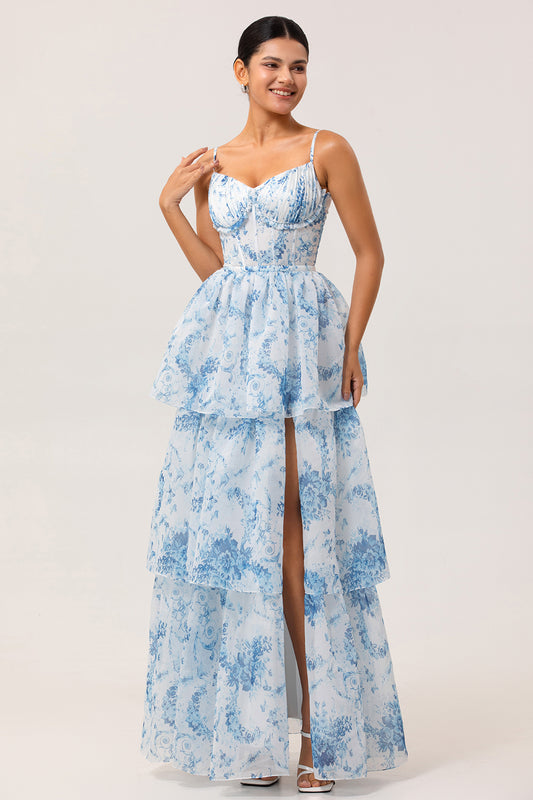 White and Blue Ruffled Corset Long Floral Wedding Guest Dress with Slit