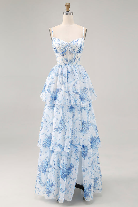 White and Blue Floral Corset Ruffled Long Wedding Guest Dress with Slit