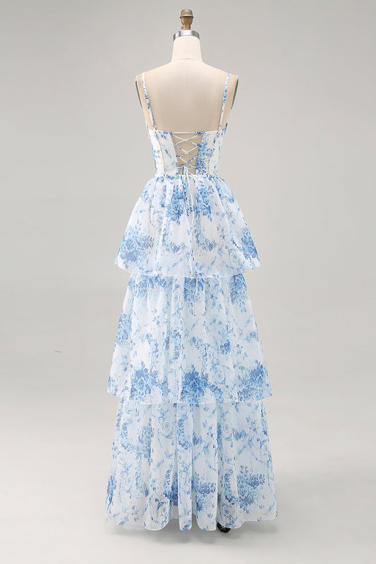 White and Blue Floral Corset Ruffled Long Wedding Guest Dress with Slit