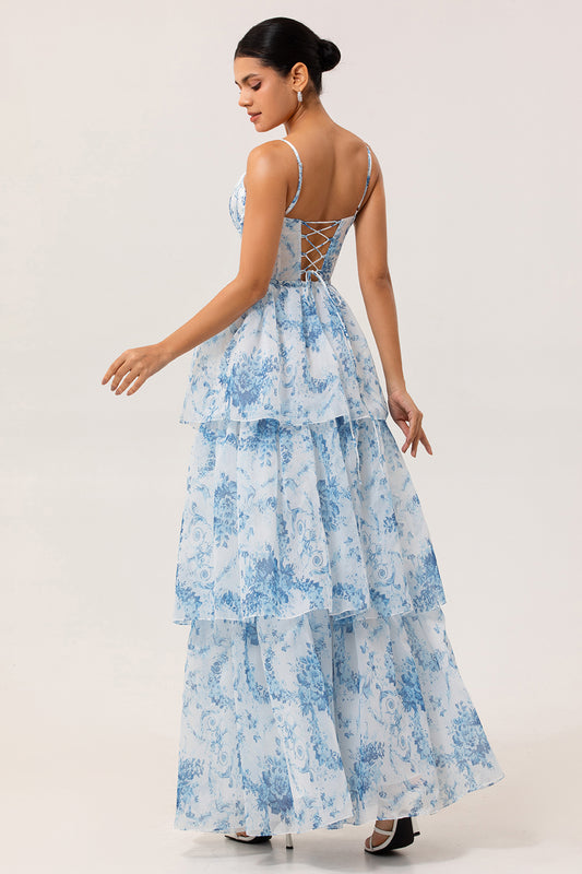 White and Blue Ruffled Corset Long Floral Wedding Guest Dress with Slit