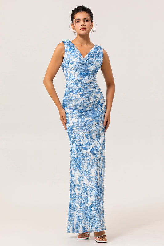 Blue Floral V-Neck Mermaid Long Bridesmaid Dress with Slit