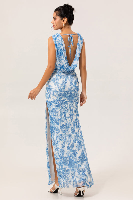 Blue Floral V-Neck Mermaid Long Bridesmaid Dress with Slit