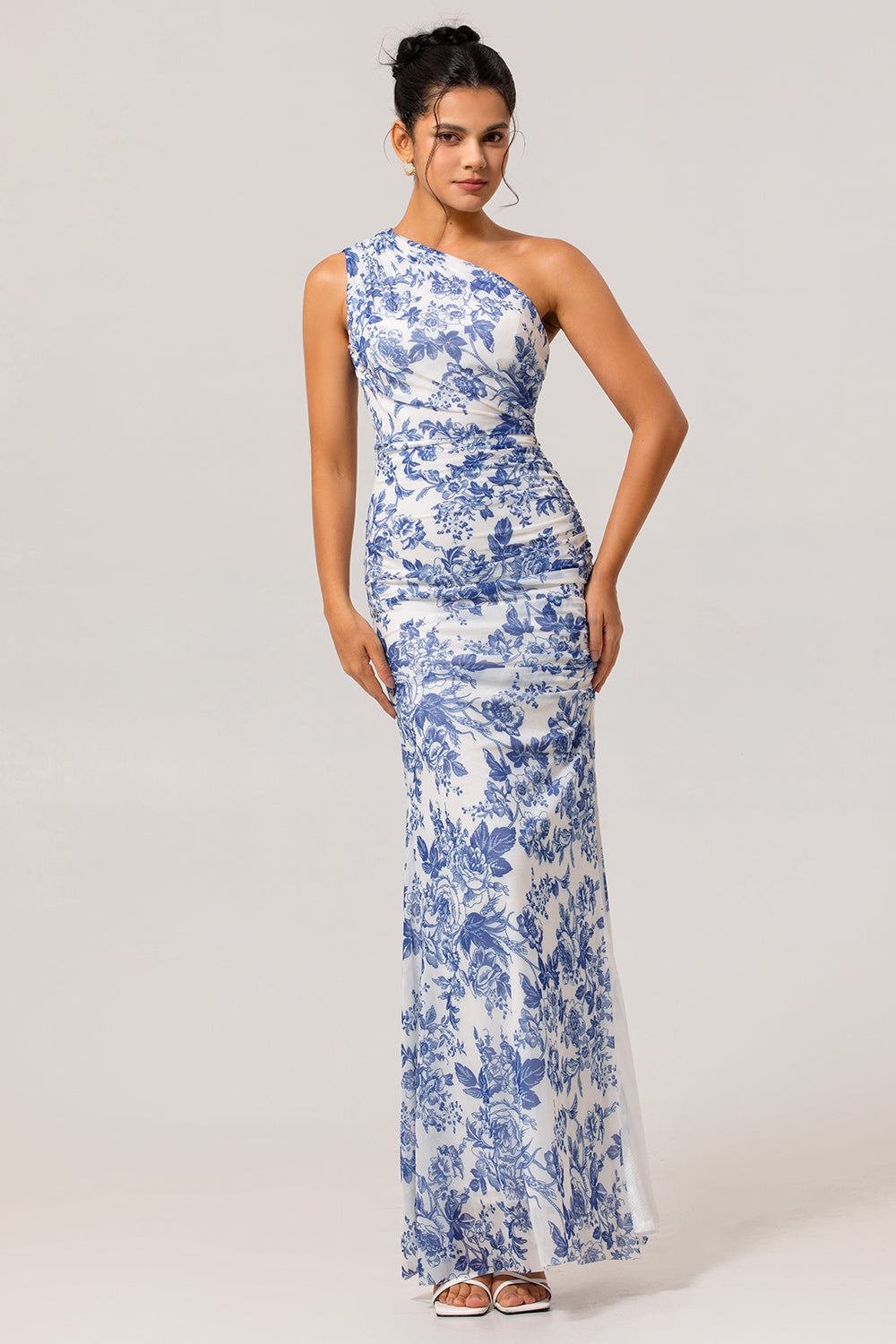 Zapakasa Women White Blue Floral Long Bridesmaid Dress with Slit One Shoulder Mermaid Wedding Guest Dress Zapakasa Women White Blue Floral Long Bridesmaid Dress with Slit One Shoulder Mermaid Wedding Guest Dress