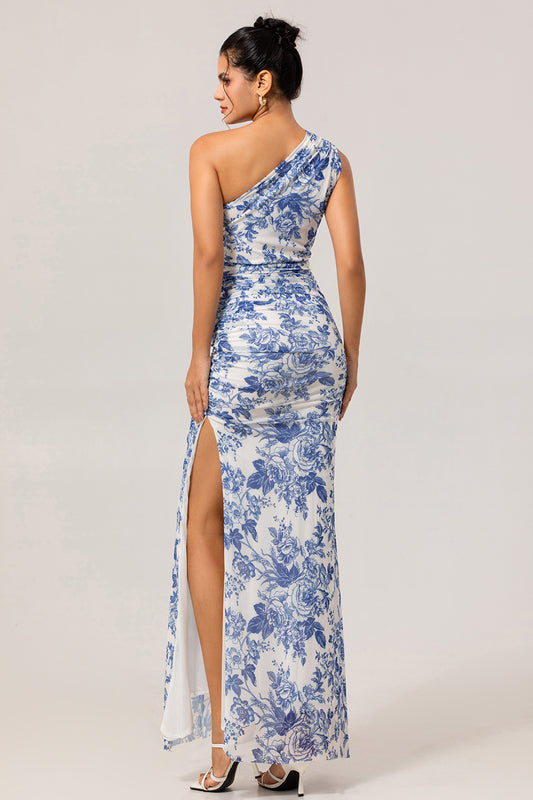 White Blue Floral One Shoulder Long Bridesmaid Dress with Slit
