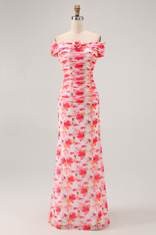 Pink Floral Off the Shoulder Long Wedding Guest Dress with 3D Flower