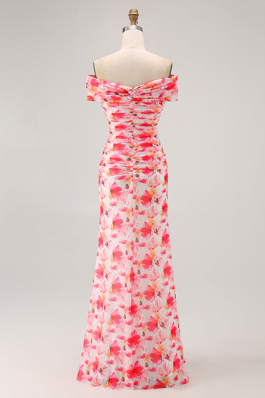 Pink Floral Off the Shoulder Long Wedding Guest Dress with 3D Flower