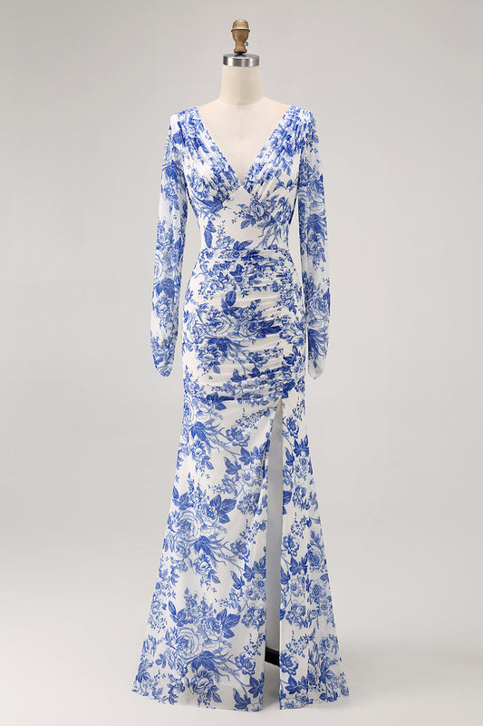 Blue V-Neck Floral Long Wedding Guest Dress with Sleeves