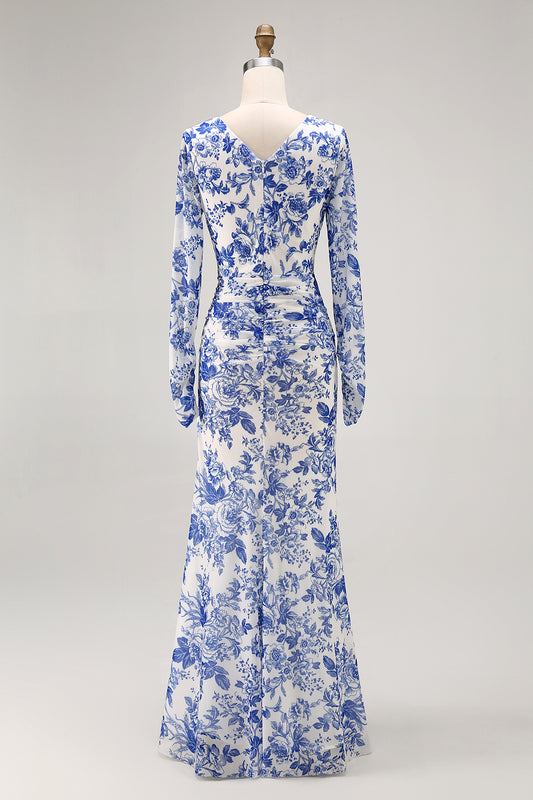 Blue V-Neck Floral Long Wedding Guest Dress with Sleeves