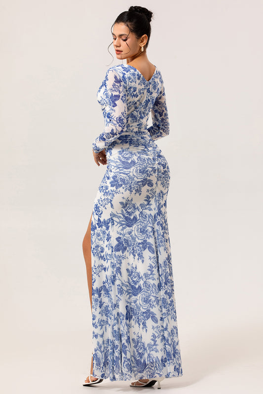 Blue Floral Long V-Neck Wedding Guest Dress with Sleeves
