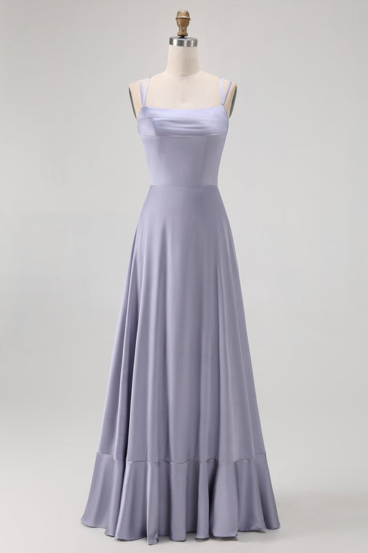 Dusty Blue Spaghetti Straps Long Satin Bridesmaid Dress