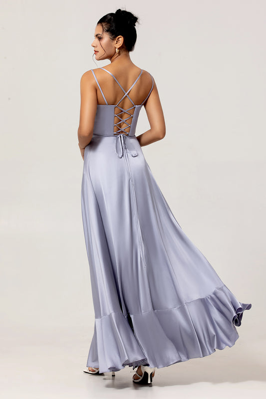 Dusty Blue Spaghetti Straps A Line Long Bridesmaid Dress