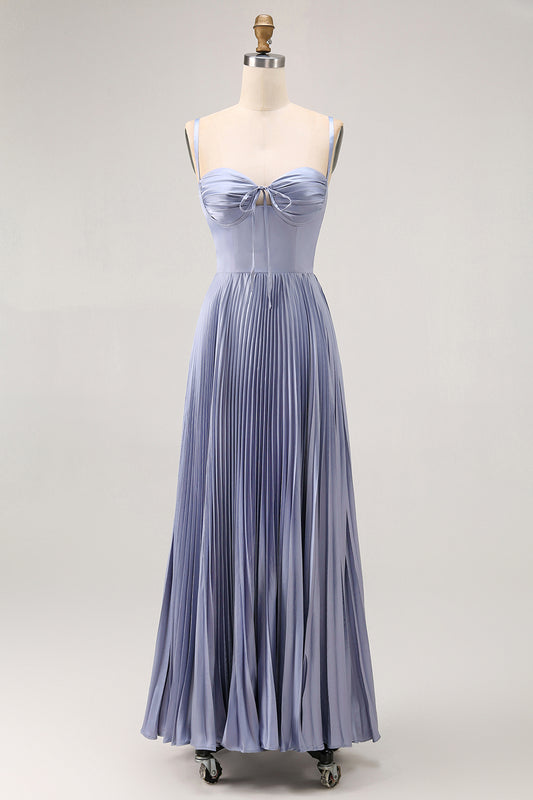 Dusty Blue Sheath Satin Pleated Long Bridesmaid Dress with Bow