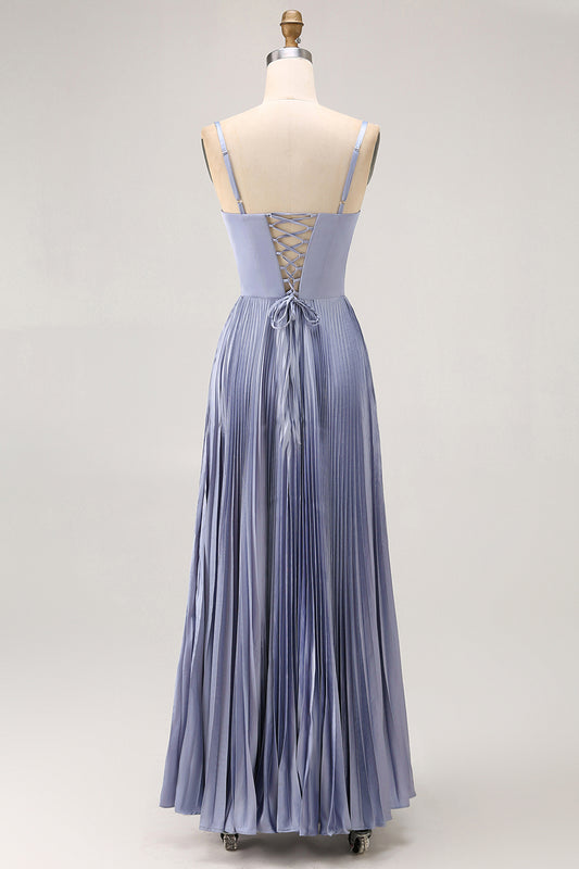 Dusty Blue Sheath Satin Pleated Long Bridesmaid Dress with Bow