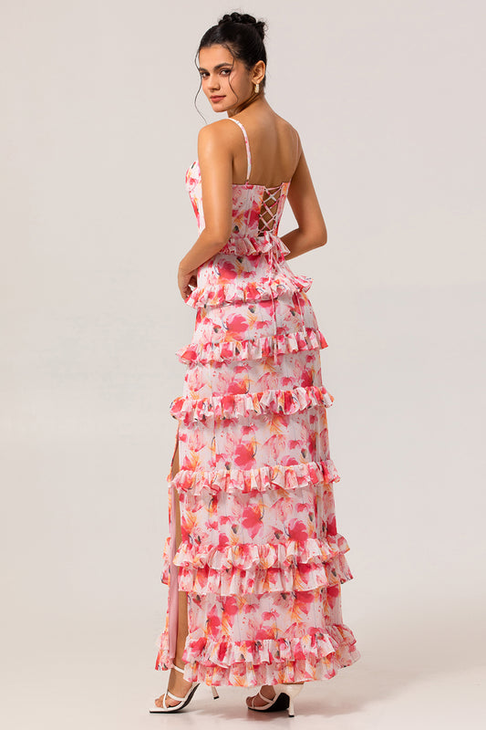 Pink Floral Ruffled Sheath Long Bridesmaid Dress with Slit