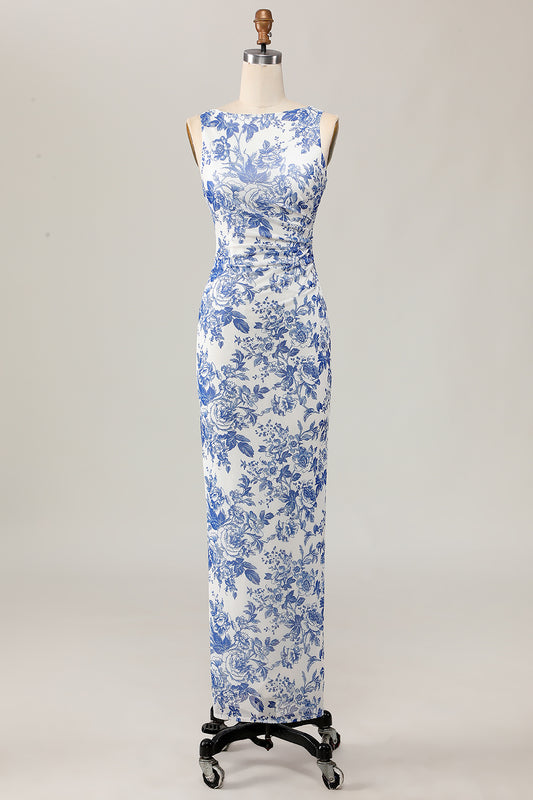 White and Blue Floral Sheath Long Wedding Guest Dress