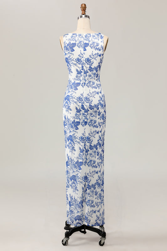 White and Blue Floral Sheath Long Wedding Guest Dress