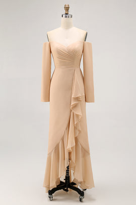 Champagne Off the Shoulder Sheath Long Bridesmaid Dress with Ruffles