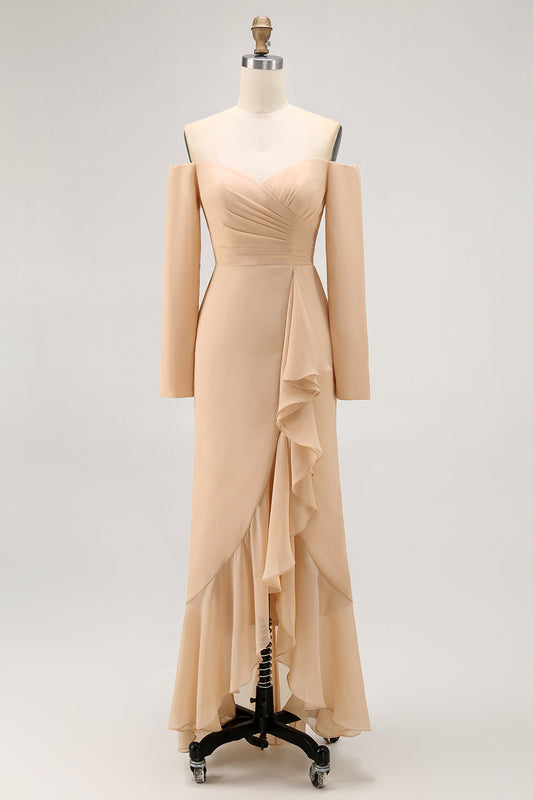 Champagne Off the Shoulder Sheath Long Bridesmaid Dress with Ruffles