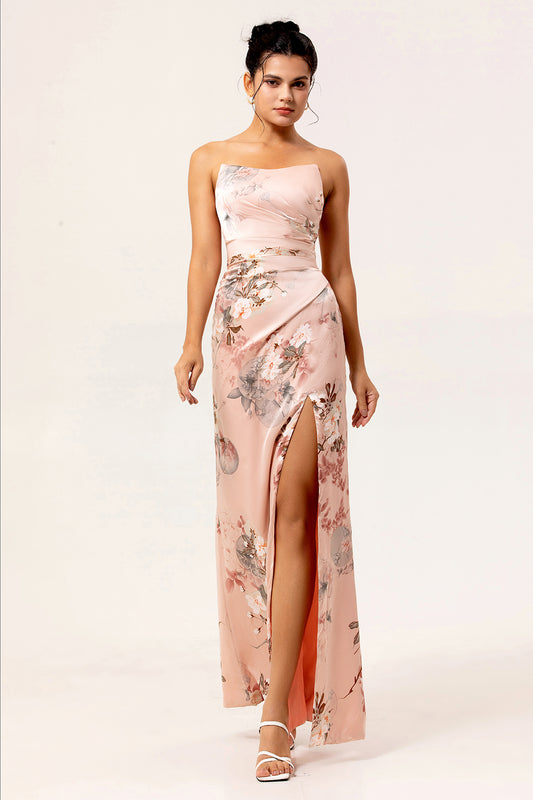 Blush Strapless Floral Long Satin Wedding Guest Dress with Slit