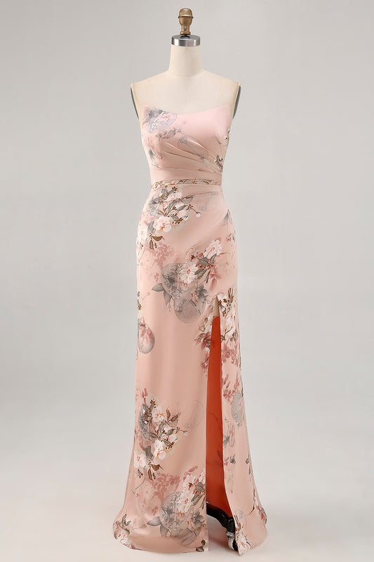 Blush Floral Satin Strapless Long Wedding Guest Dress with Slit
