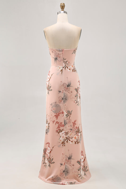 Blush Floral Satin Strapless Long Wedding Guest Dress with Slit