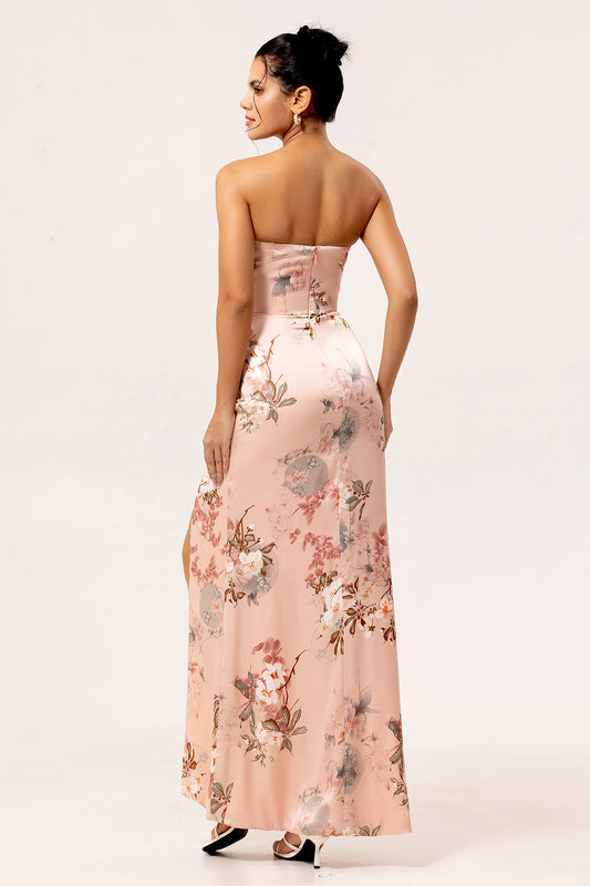 Blush Strapless Floral Long Satin Wedding Guest Dress with Slit