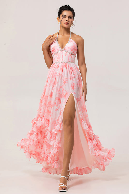 Sparkly Blush Corset Floral Ruffled Pearls Long Bridesmaid Dress with Slit