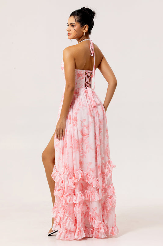 Sparkly Blush Corset Floral Ruffled Pearls Long Bridesmaid Dress with Slit