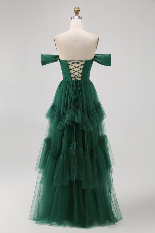 Dark Green Tulle A-Line Tiered Long Corset Wedding Guest Dress