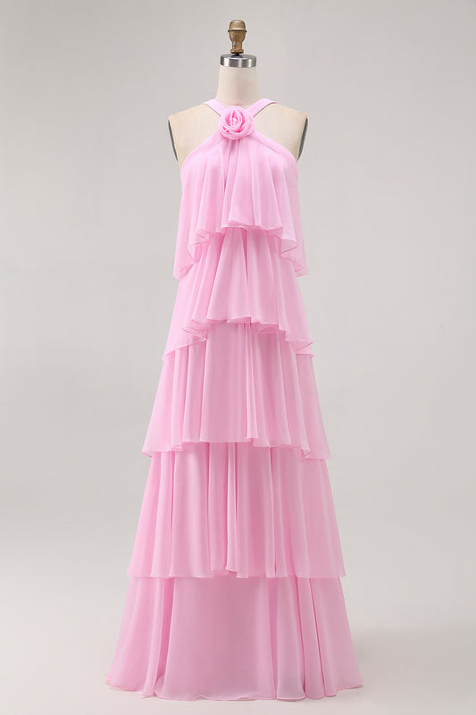 Candy Pink A-Line Ruffled Halter Long Wedding Guest Dress