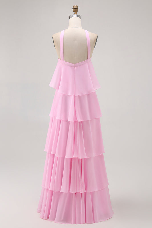 Candy Pink A-Line Ruffled Halter Long Wedding Guest Dress