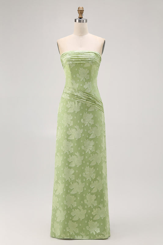 Sage Green Sheath Strapless Long Floral Wedding Guest Dress