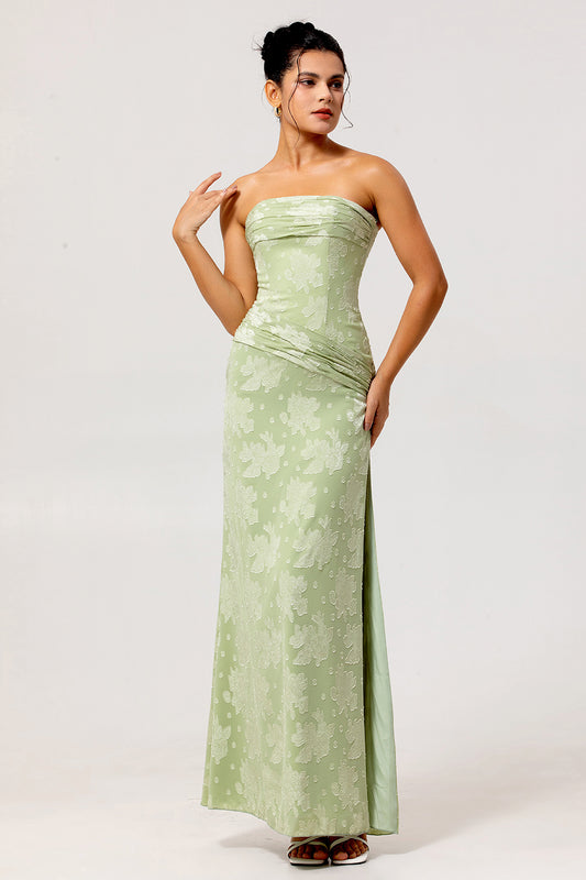 Sage Green Floral Sheath Long Wedding Guest Dress with Slit