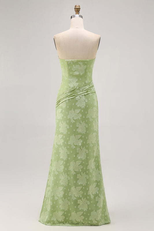 Sage Green Sheath Strapless Long Floral Wedding Guest Dress