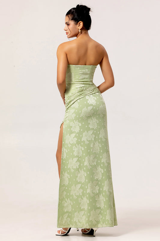 Sage Green Floral Sheath Long Wedding Guest Dress with Slit