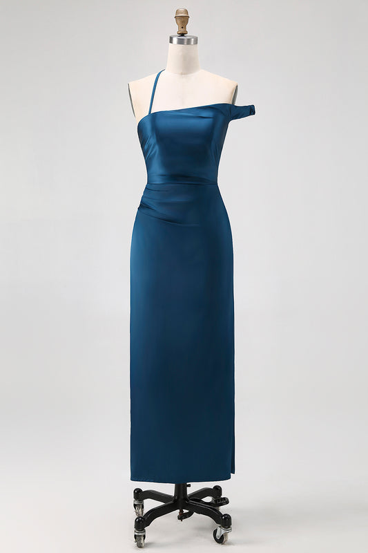Ink Blue One Shoulder Satin Sheath Long Bridesmaid Dress