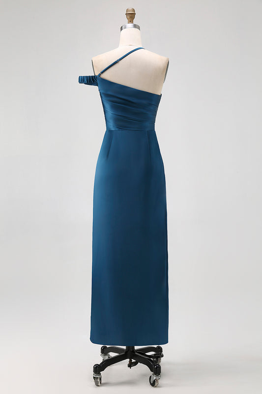 Ink Blue One Shoulder Satin Sheath Long Bridesmaid Dress