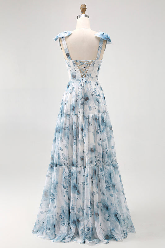 Blue A Line Floral Chiffon Long Bridesmaid Dress with Bows