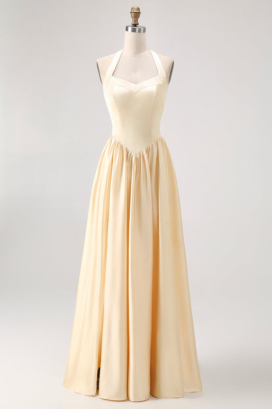 Daffodil Satin Halter A Line Long Bridesmaid Dress