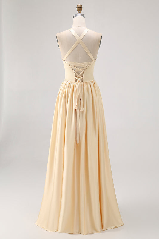 Daffodil Satin Halter A Line Long Bridesmaid Dress