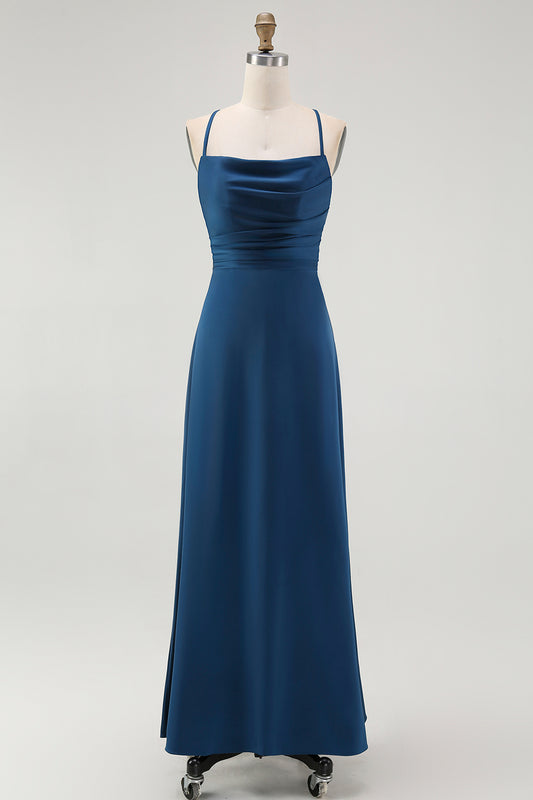 Dark Blue Satin Spaghetti Straps Long Bridesmaid Dress