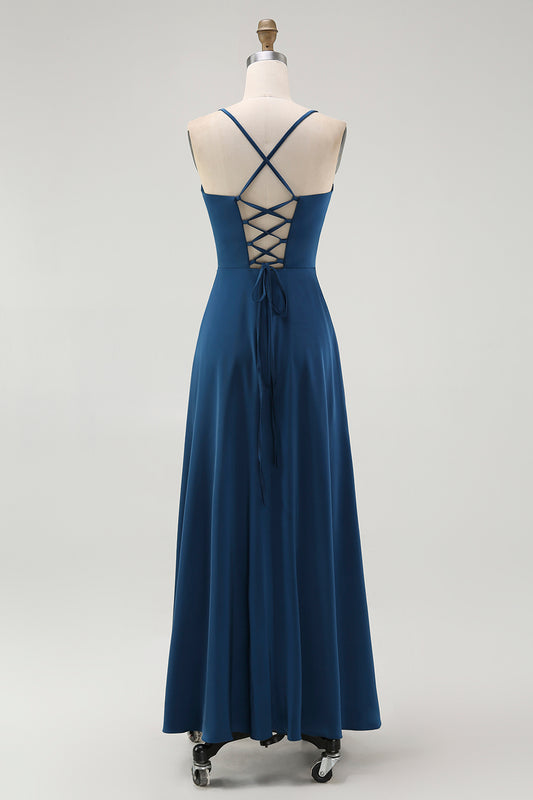 Dark Blue Satin Spaghetti Straps Long Bridesmaid Dress