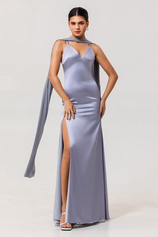 Simple Dusty Blue V-Neck Satin Long Bridesmaid Dress with Slit